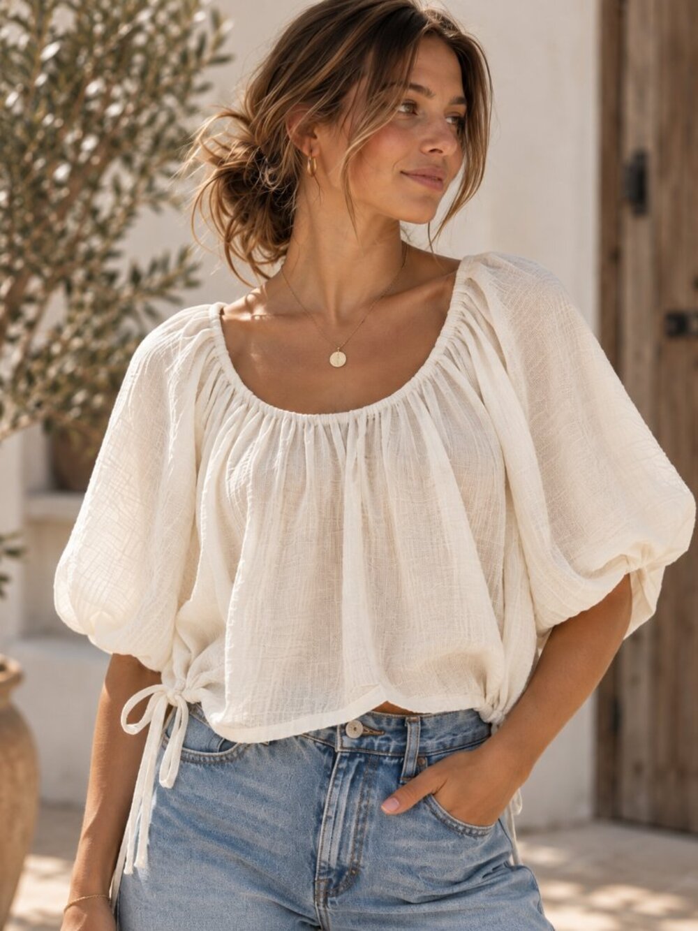 NWT astr white peasant blouse drawstring puff sleeve boho top size m